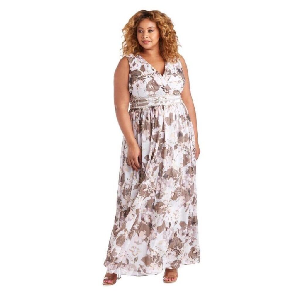 R&M Richard's Ivory and Mocha floral 7173W plus size long formal dress. Size 18W